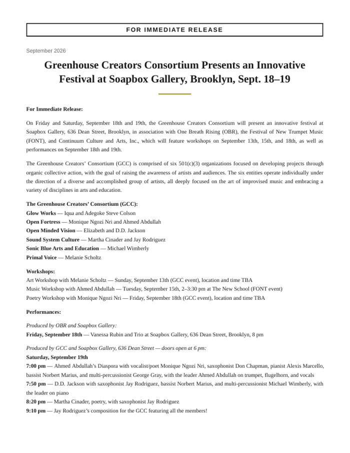 Greenhouse Creators Consortium Festival at Soapbox Gallery